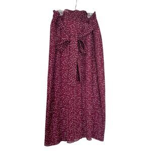 Zara Burgundy Red Polka Dot Print Pleated Tie Waist Maxi Skirt Size XL